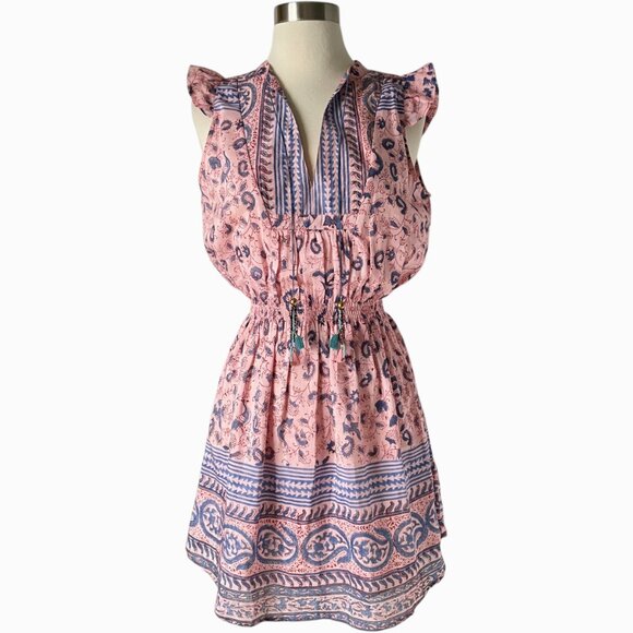 Alicia Bell Lola Pink Blue Silk Cotton Mini Dress Size XS Boho - Picture 2 of 7